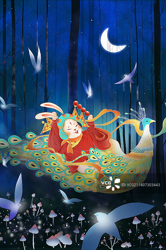 2023国潮年俗插画 坐孔雀上的兔儿爷拿着糖葫芦迎新春 戏曲人物国风插画图片素材