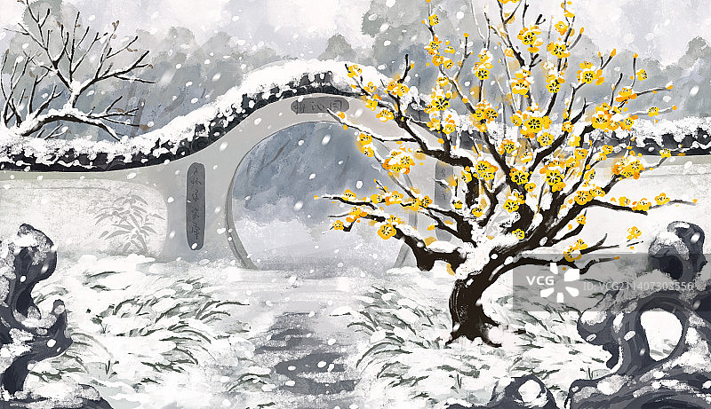 冬至节气插画苏州园林分层文件图片素材