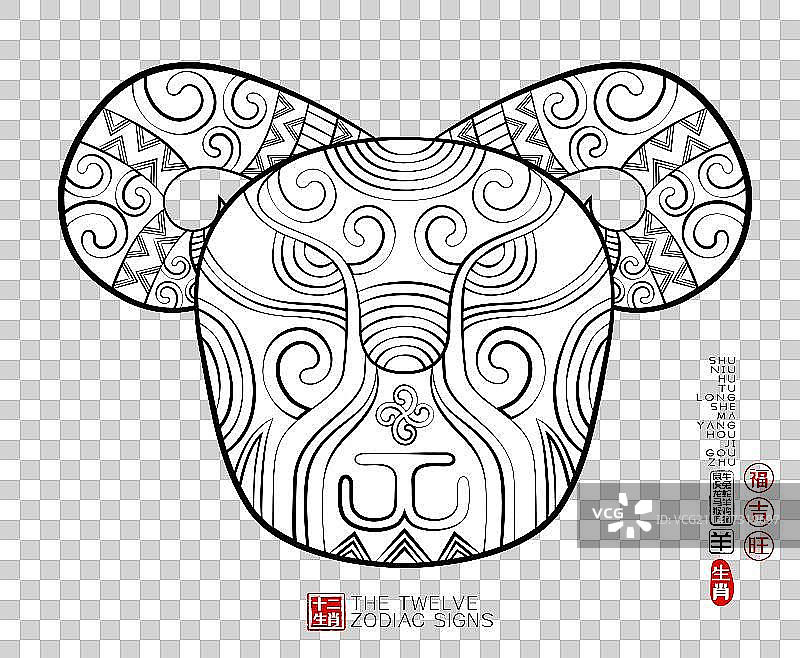国潮十二生肖羊，简约潮流中国风线描纹样卡通形象矢量插画素材图片素材