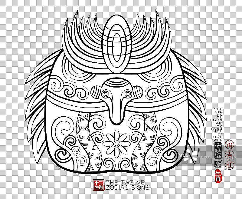 国潮十二生肖鸡，简约潮流中国风线描纹样卡通形象矢量插画素材图片素材