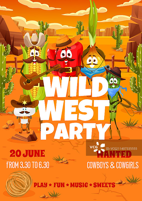 卡通牛仔蔬菜的狂野西部派对宣传单图片素材