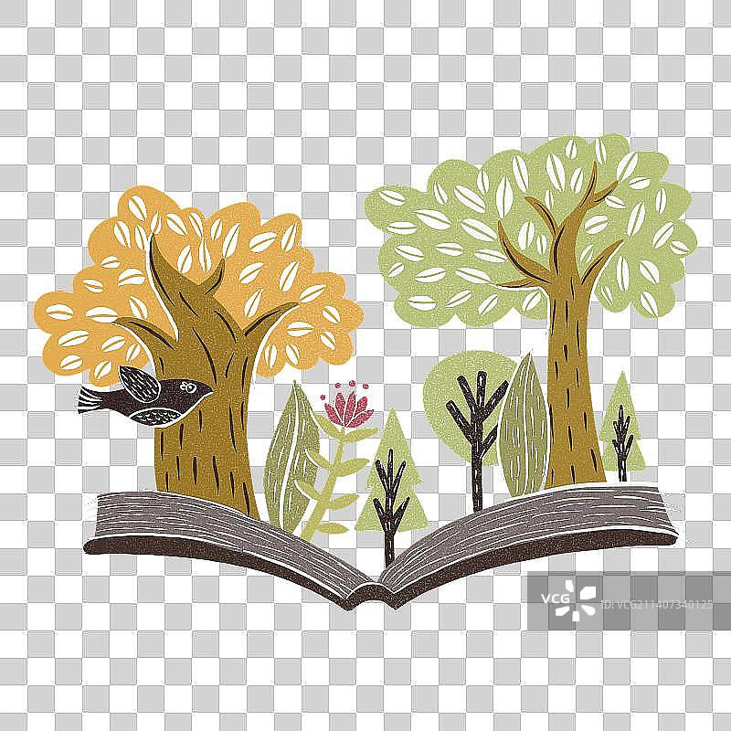 手绘书本树林小鸟自然生长图片素材