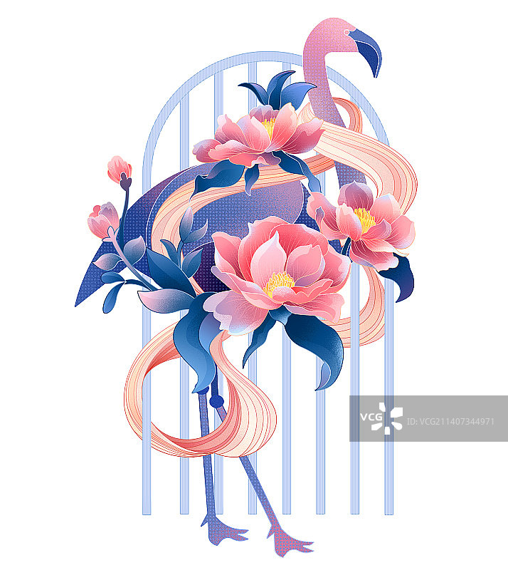 国潮风花与火烈鸟图片素材