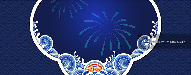 带有中国传统波浪纹和灯笼图案的春节海报图片素材