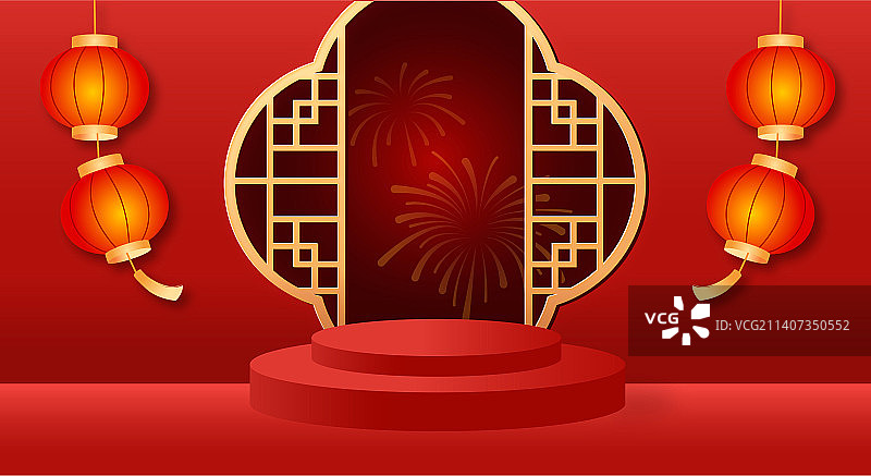 中式花窗福袋红色仿3D展台电商促销横幅图片素材