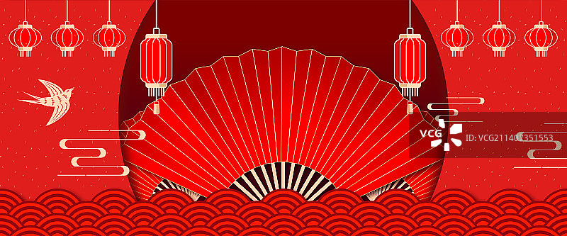 红色背景带有灯笼燕子祥云的喜庆海报图片素材
