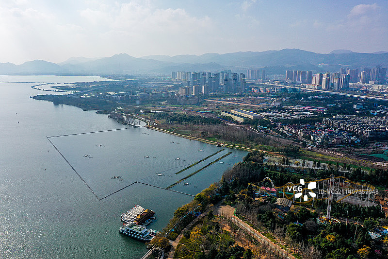 航拍云南昆明滇池草海 昆明五家堆湿地公园 昆明大观公园图片素材