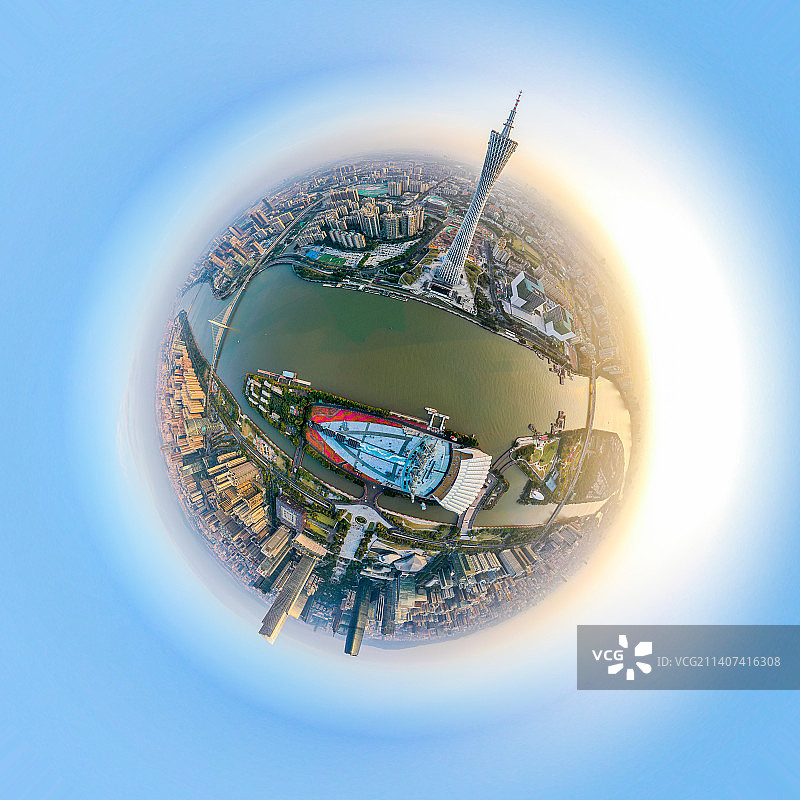 航拍广东广州小蛮腰广州塔VR视角球形全景图 珠江 广州海心沙亚运公园 广州珠江新城天河新城CBD图片素材