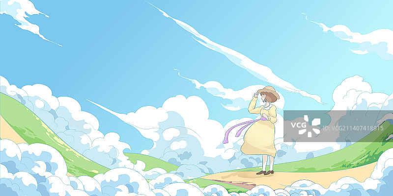 二次元动漫户外郊游风吹少女插画图片素材