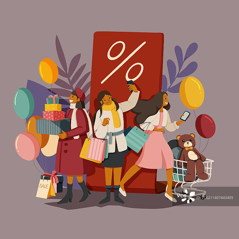 商业女孩购物打折扁平风插画图片素材