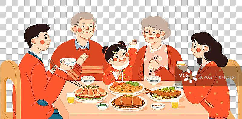 红色手绘阖家团圆年夜饭团圆饭图片素材