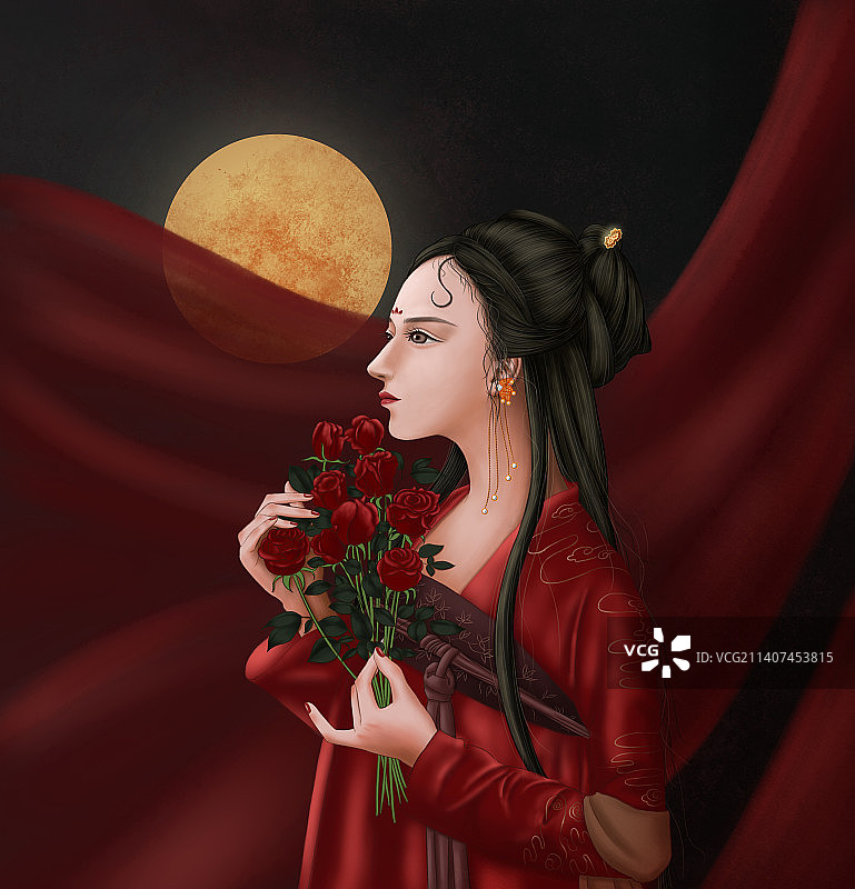 古风人物插画红玫瑰红纱图片素材