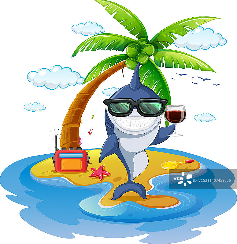 鲨鱼在岛上喝葡萄酒图片素材