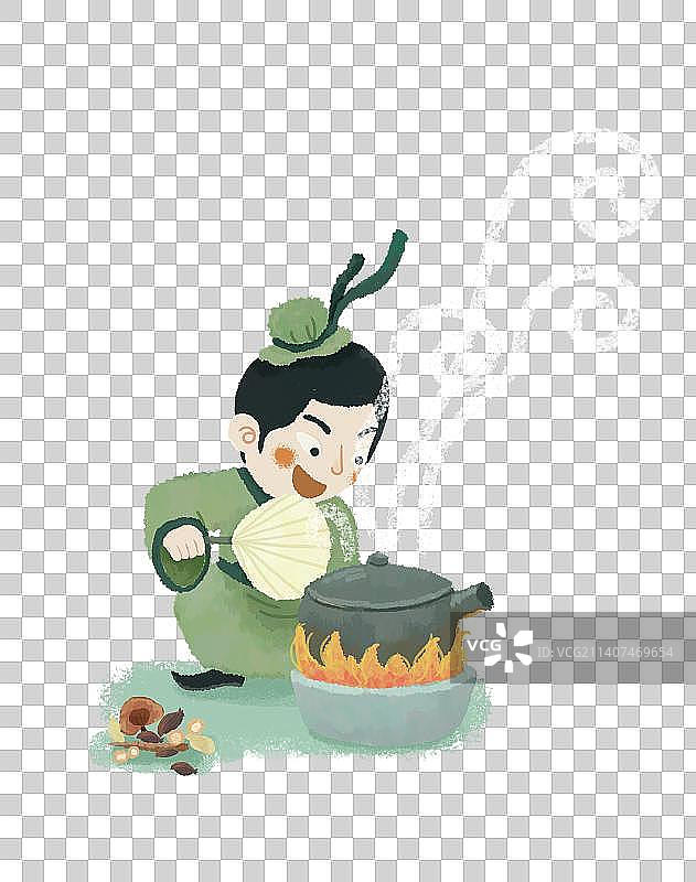 儿童插画古代小孩熬中药药材图片素材