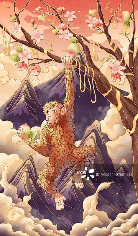 猴子摘桃国潮节日插画图片素材