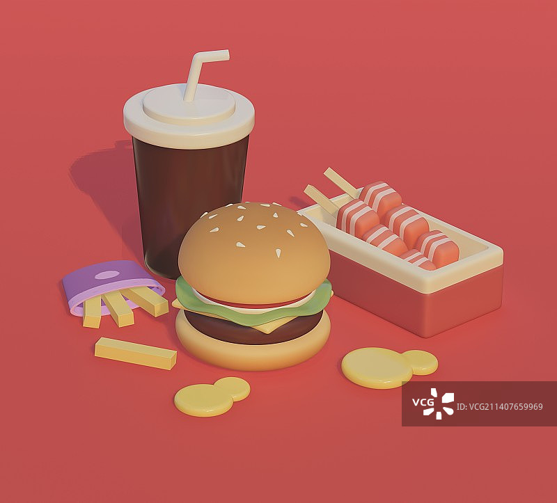 汉堡饮料美食3D插画图片素材