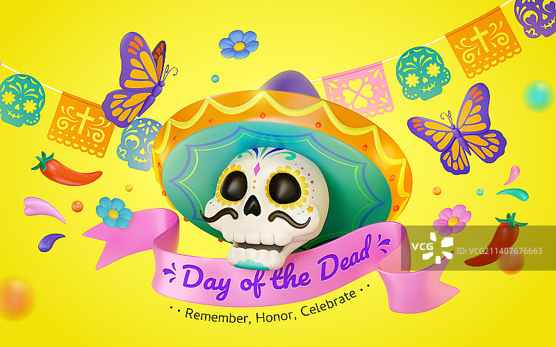 亮黄色亡灵节横幅 糖头骨与丝带标语图片素材