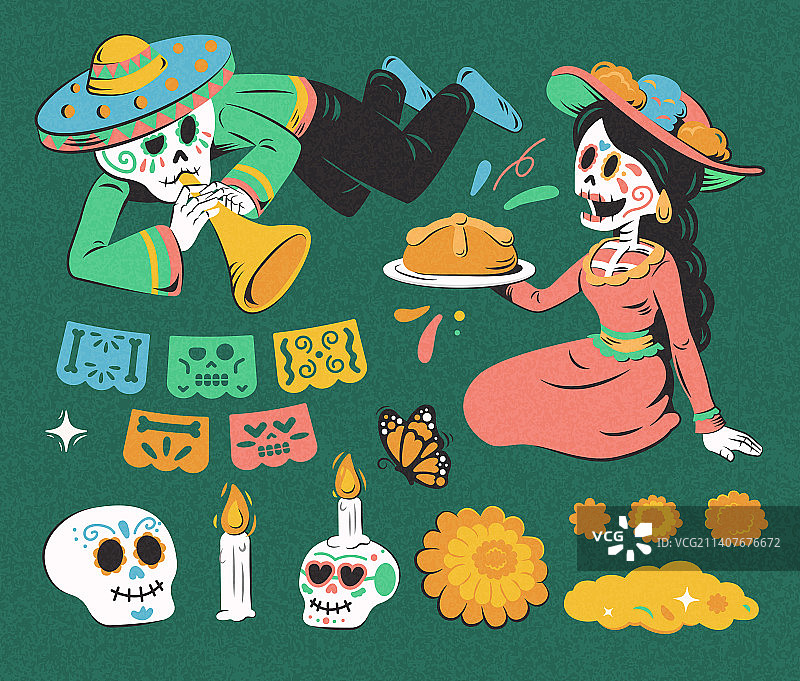 可爱手绘风亡灵节素材组合图片素材
