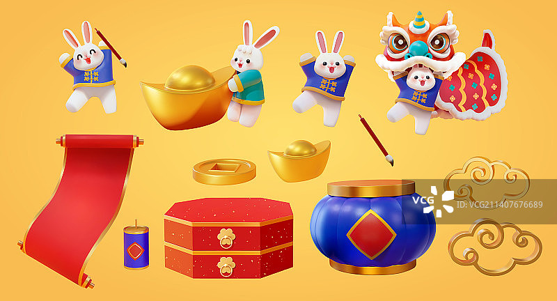 三维可爱玉兔迎春新年素材组合图片素材