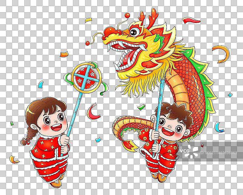 国潮新年春节舞龙的福娃图片素材