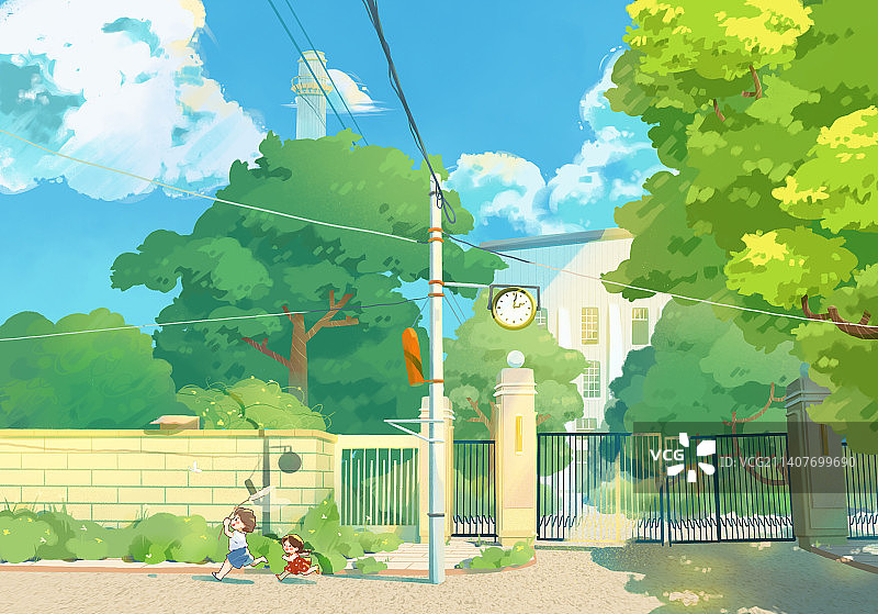 插画夏天城市里的捉蝴蝶的小朋友图片素材