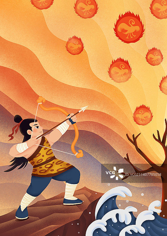 古装卡通人物，后羿射日图片素材