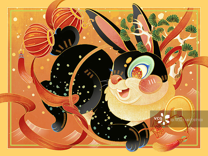 2023卯兔迎新手绘国潮新年插画图片素材