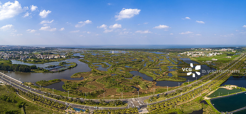 海口江东新区迈雅河湿地公园，树岛星罗棋布，水清岸绿美景如画图片素材