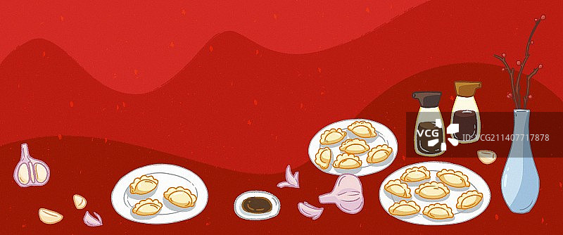 红色背景饺子横版插画图片素材