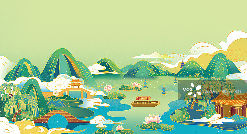 西湖十景国风插画图片素材
