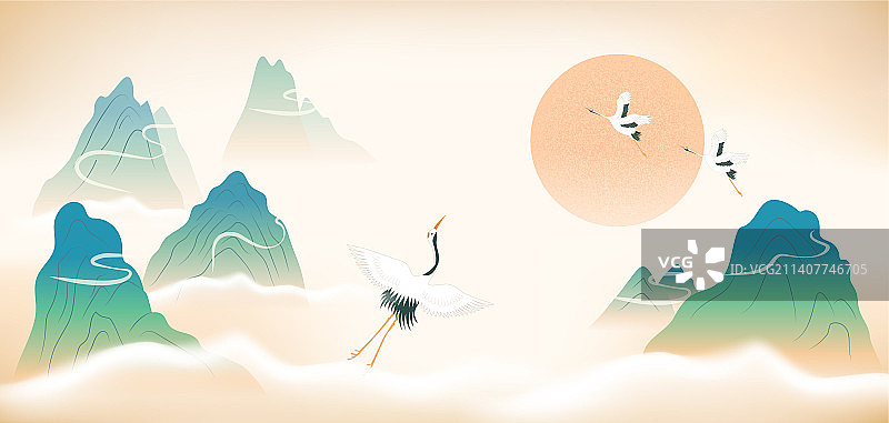 国潮创意中国风青绿山水背景矢量插画图片素材