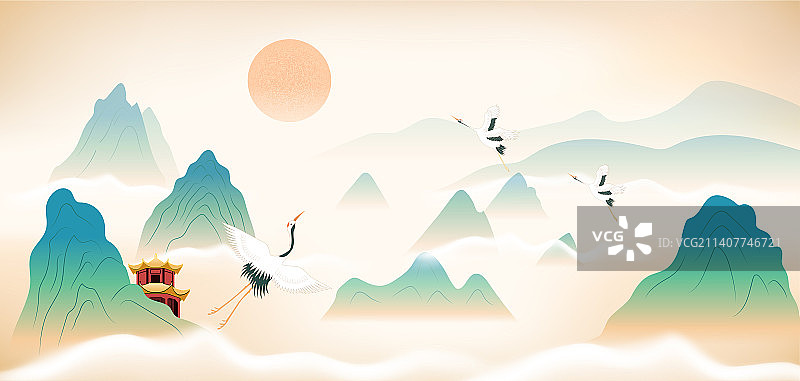 国潮创意中国风青绿山水背景矢量插画图片素材