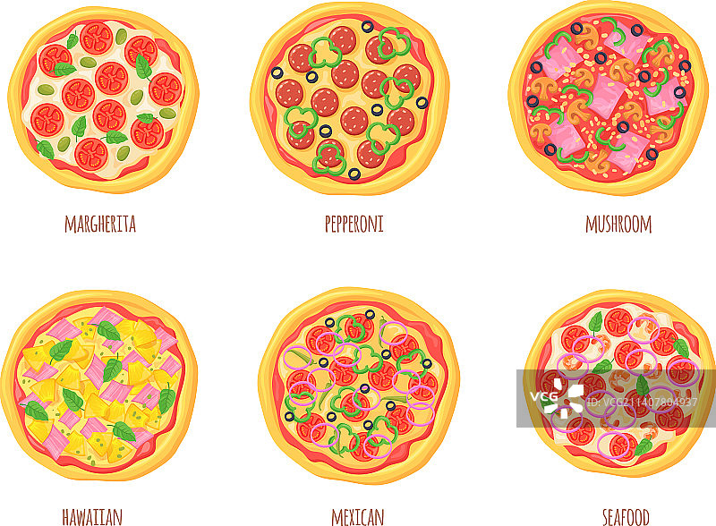 卡通比萨俯视图：意大利或夏威夷比萨图片素材