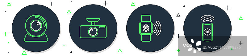 汽车DVR、非接触支付和网络摄像头等线性图标图片素材