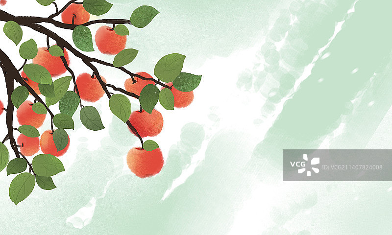 中国风水墨诗意苹果苹果树枝干水果水墨画图片素材