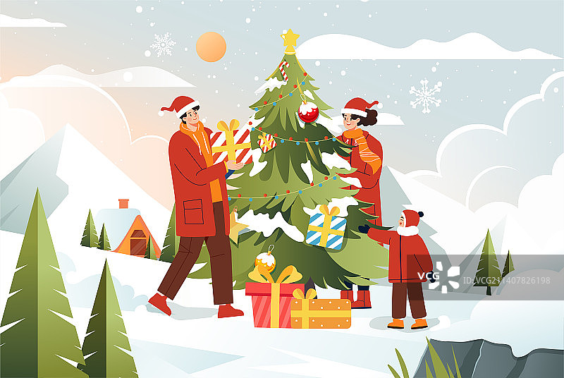 圣诞一家人装扮圣诞树图片素材