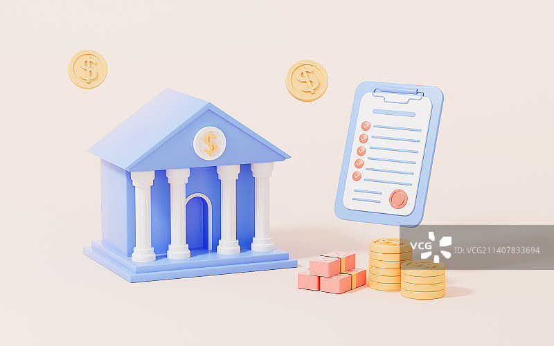 卡通银行与合同3D渲染图片素材
