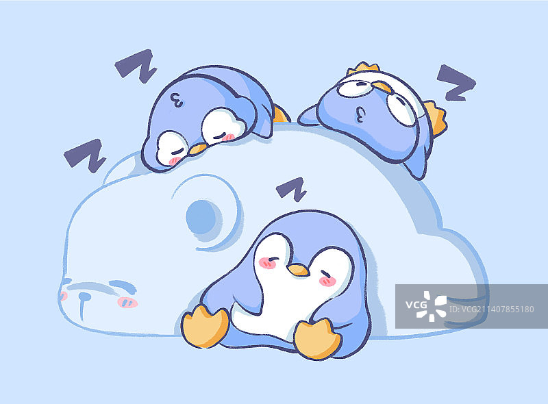 小企鹅北极熊睡呼呼萌系治愈系手绘插画图片素材