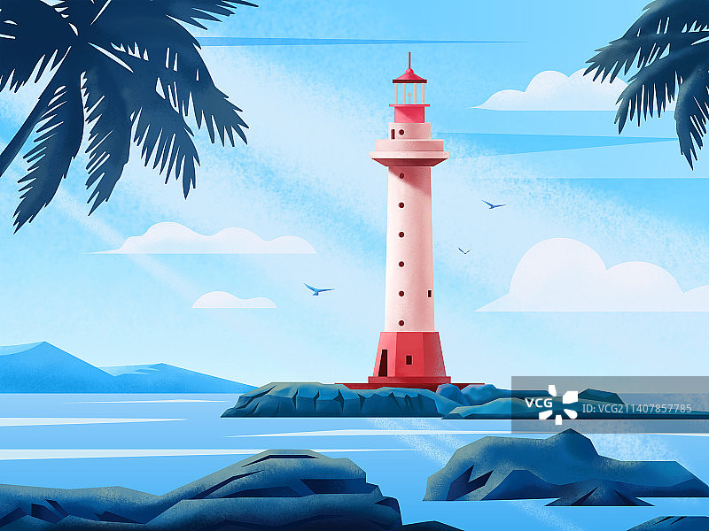 海南自贸港三亚大小洞天灯塔插画图片素材