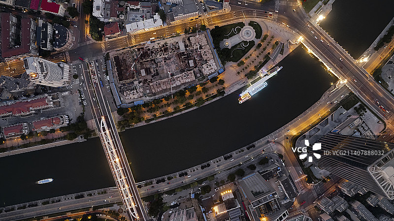 中国天津海河北安桥和进步桥上空的城市风光图片素材