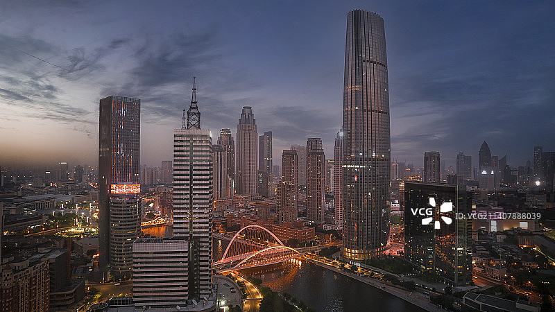 中国天津海河北安桥和进步桥上空的城市风光图片素材