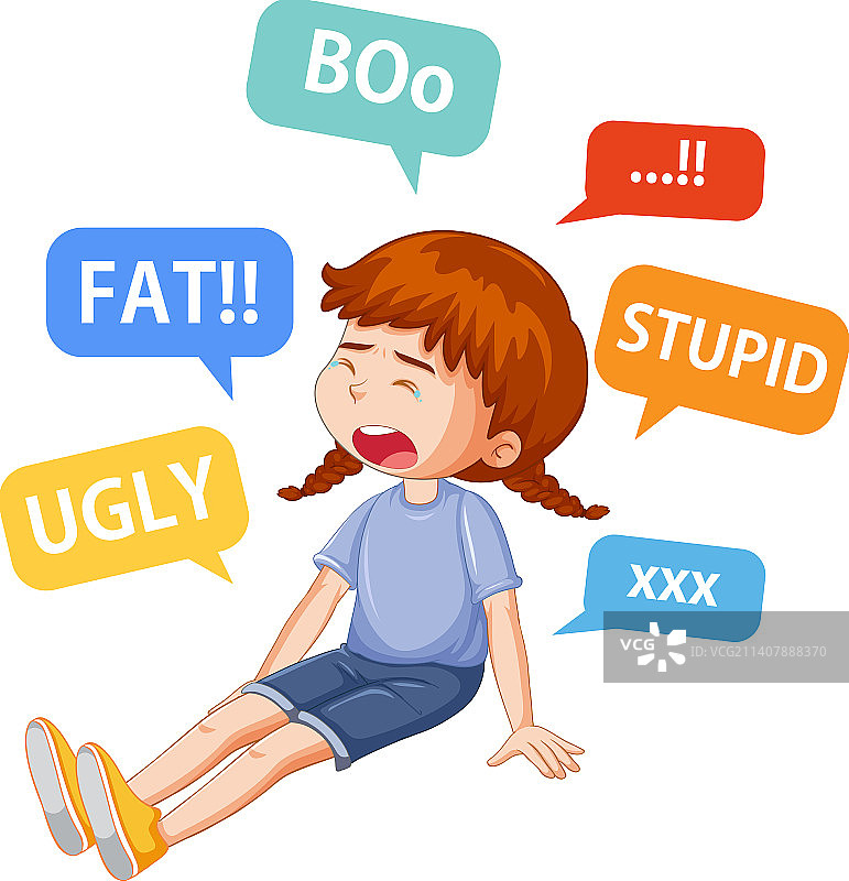 被欺凌文字包围的悲伤女孩图片素材