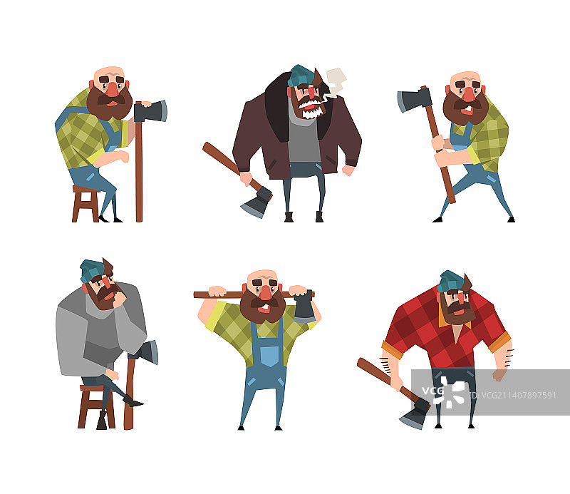 一组有趣且强大的伐木工人，手持斧头图片素材