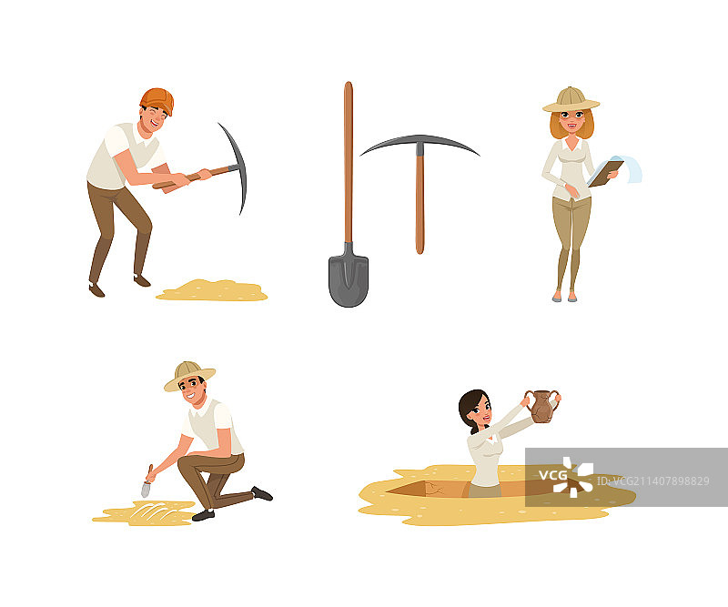 考古学家挖掘历史文物套装图片素材