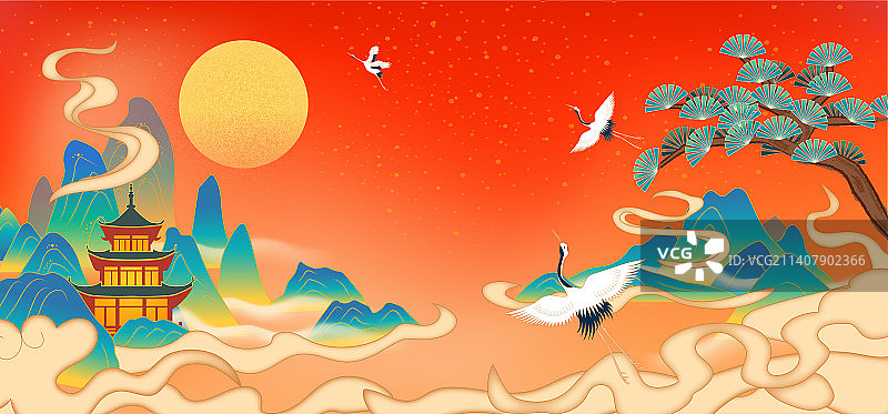 国潮节日喜庆中国风青绿山水背景矢量插画图片素材