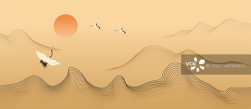 金色背景新中式国潮创意国潮山水矢量插画图片素材