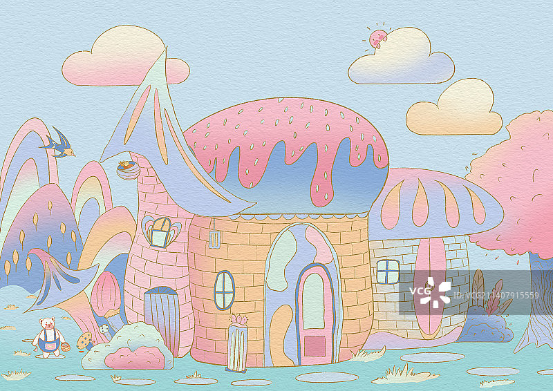 梦幻房屋色治愈清新插画图片素材