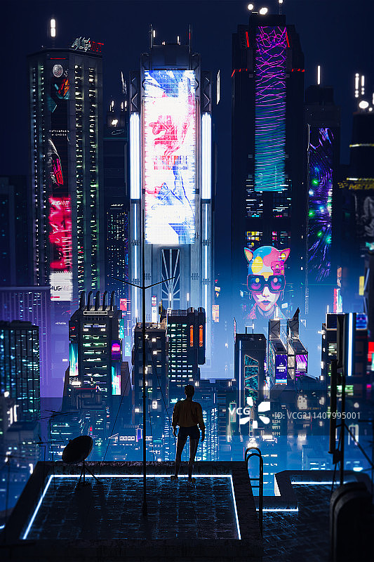 3D科幻赛博朋克夜景城市插画图片素材