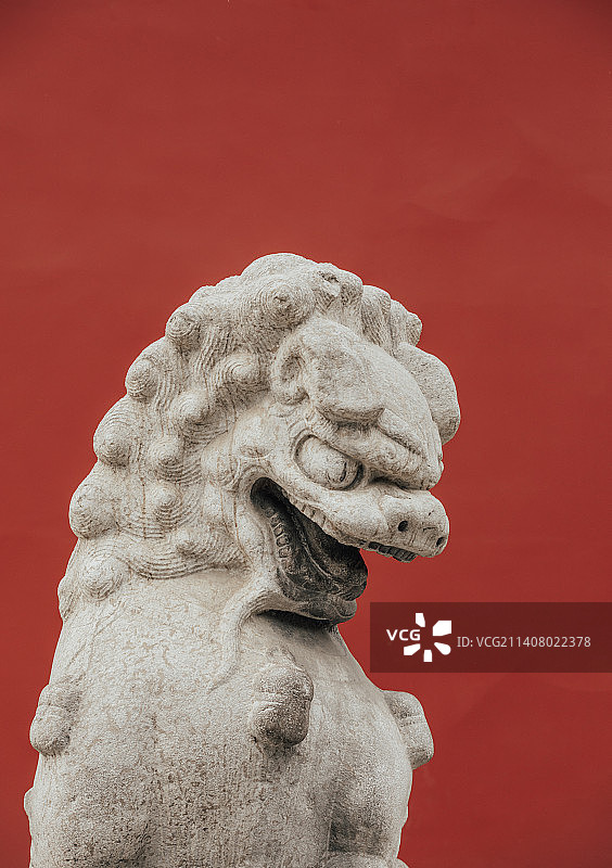 北京中山公园中红墙前的石狮子图片素材