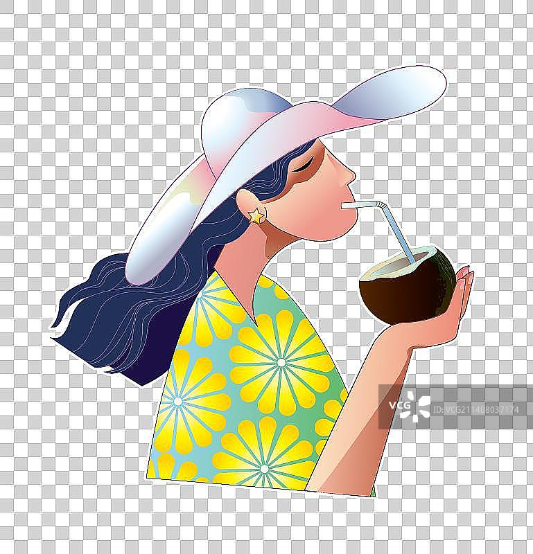 女性游客喝椰子汁图片素材